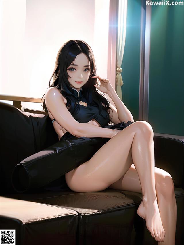 A woman sitting on top of a black couch.