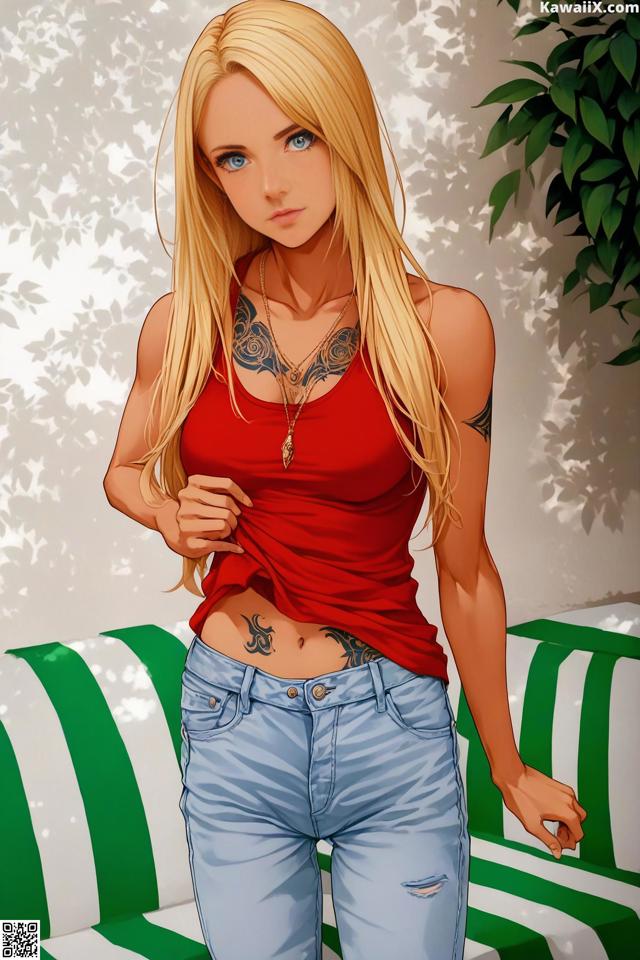 A woman with a tattoo on her chest standing on a couch.