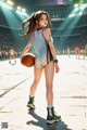 A woman holding a basketball on a basketball court.