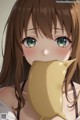 A girl with long brown hair holding a banana in her mouth.