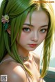 A woman with green hair and a flower in her hair.