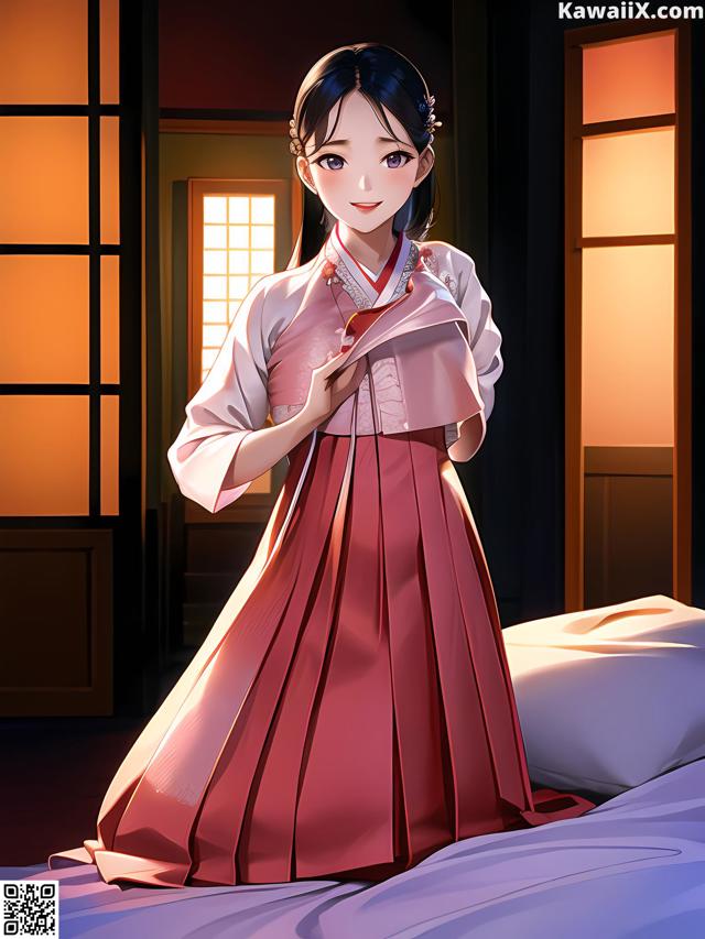 A woman in a red dress standing on a bed.