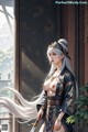 A woman in traditional attire holds a sword, standing near a window with a plant nearby.