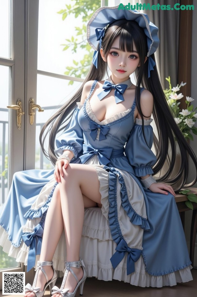 A woman in a blue dress sitting on a window sill.